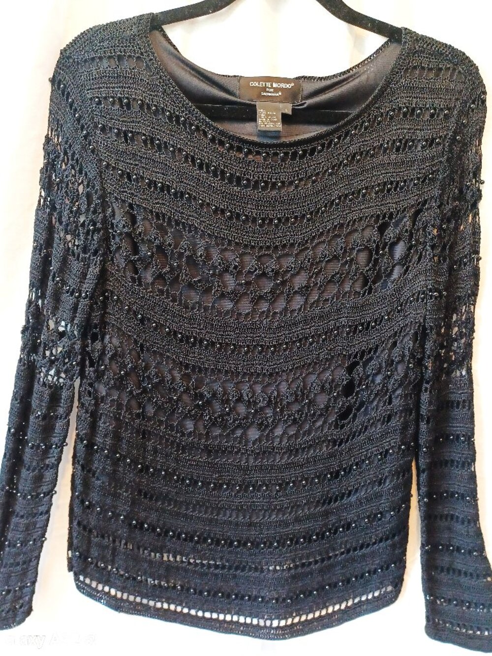 Women's Colette Mordo Black Beaded Crochet Lace Top Size L